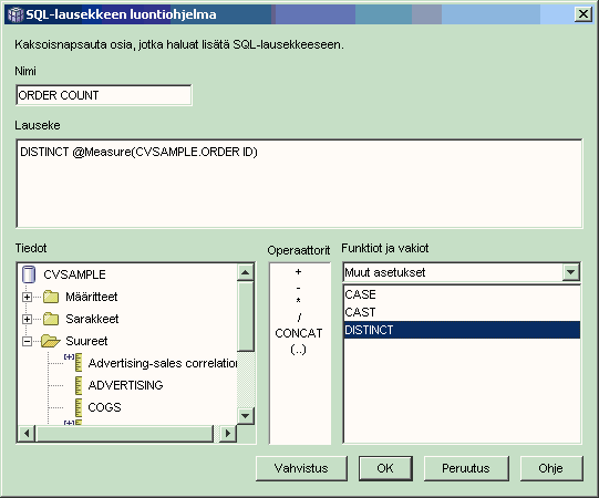 2. Napsauta Suureet-siulla Lasketun suureen luonti -painiketta. Kuaruutuun tulee SQL-lausekkeen luontiohjelma -ikkuna. 3. Kirjoita SQL-lausekkeen luontiohjelma -ikkunan Nimi-kenttään TILAUSMÄÄRÄ. 4.