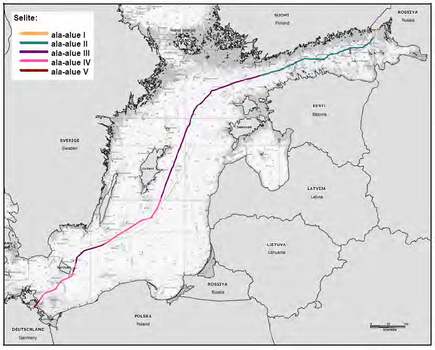 449 Ekologinen ala-alue V: Greifswalder Bodden Kuva 7.2 antaa yleiskatsauksen kunkin ekologisen ala-alueen sijainnista suhteessa putkilinjojen reittiin.