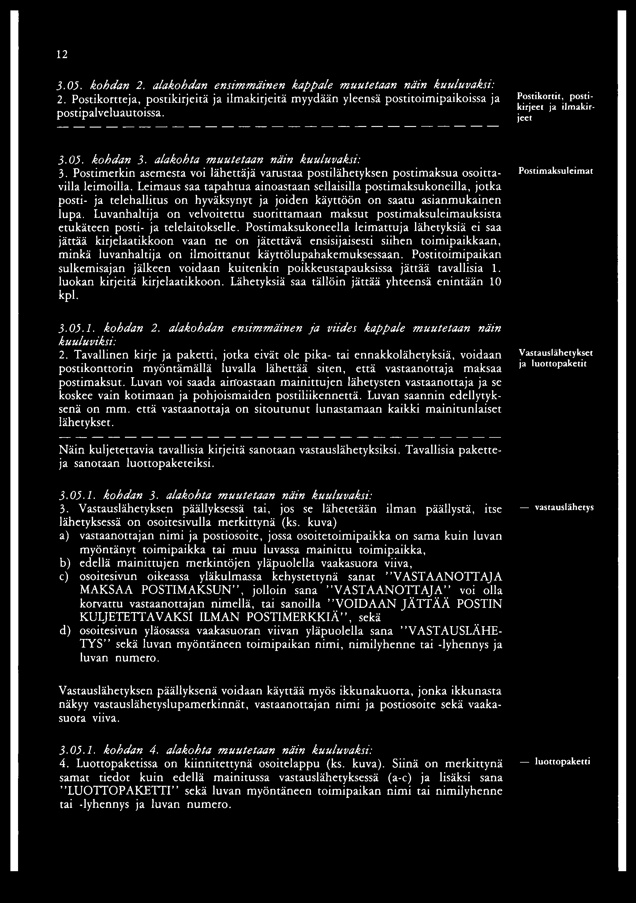 12 3.05. kohdan 2. alakohdan ensimmäinen kappale muutetaan näin kuuluvaksi: 2. Postikortteja, postikirjeitä ja ilmakirjeitä myydään yleensä postitoimipaikoissa ja postipalveluautoissa.