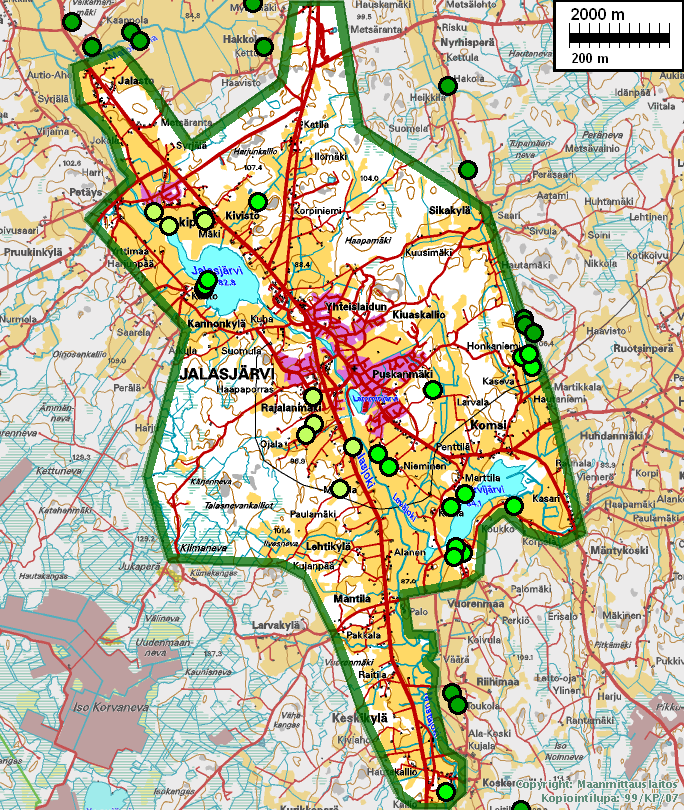 4 Yleiskartta Vihreät pallot v. 2006 marraskuussa löytyneitä asuinpaikkoja, vaalean kellanvihreät pallot aiemmissa inventoinneissa v.