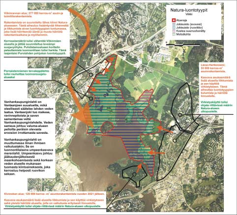 Kuva 12. Yhteenvetokartta Vanhankaupunginlahden lintuvesi -Natura-alueeseen kohdistuvista Yleiskaavan vaikutuksista ja niiden ehdotetuista lieventämistoimenpiteistä.