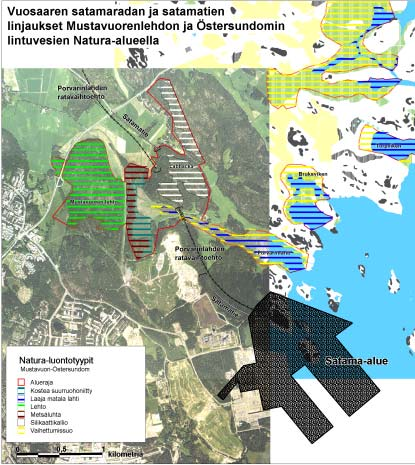 Kuva 16. Vuosaaren satamaradan ja satamatien linjaukset Mustavuoren lehdon ja Östersundomin lintuvesien -Natura-alueella. 6.3.