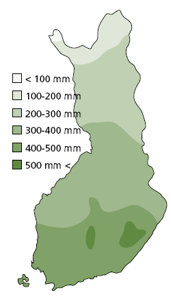 Kuva 3. Keskimääräinen haihdunta (mm/a) vuosina 1961-1991.