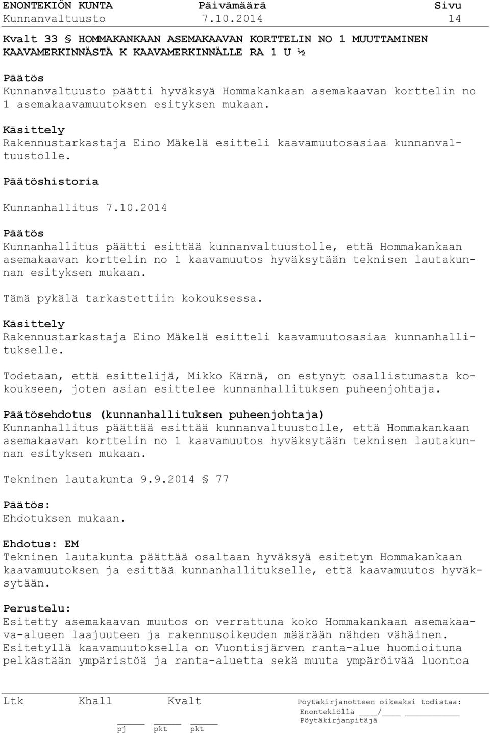 asemakaavamuutoksen esityksen mukaan. Käsittely Rakennustarkastaja Eino Mäkelä esitteli kaavamuutosasiaa kunnanvaltuustolle. historia Kunnanhallitus 7.10.