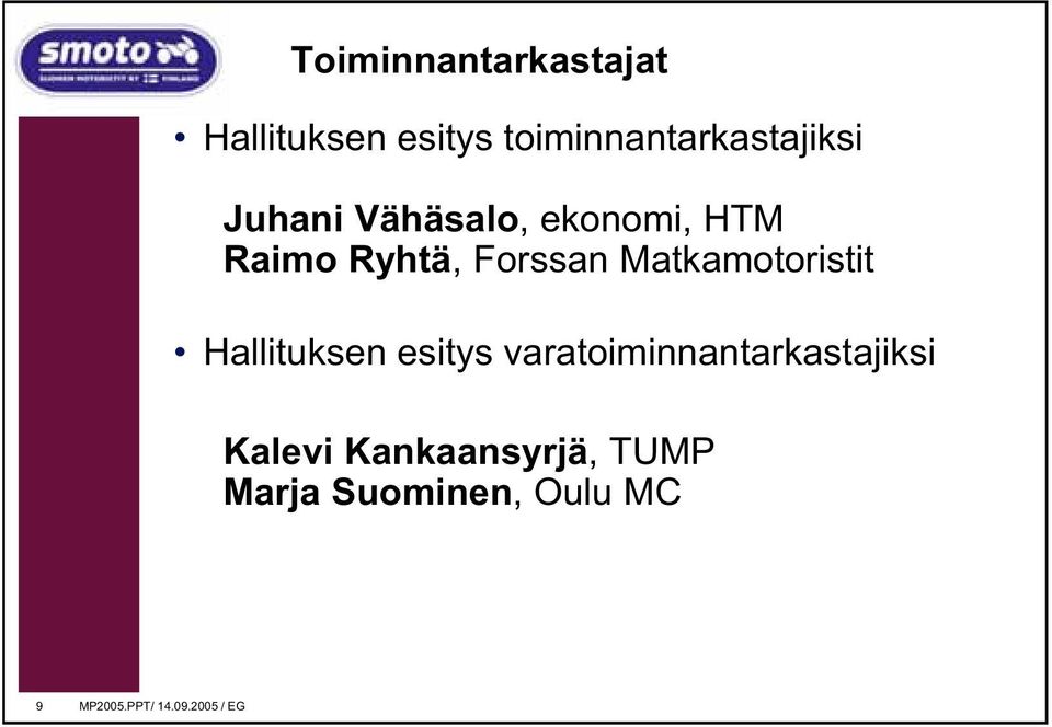 Matkamotoristit Hallituksen esitys varatoiminnantarkastajiksi