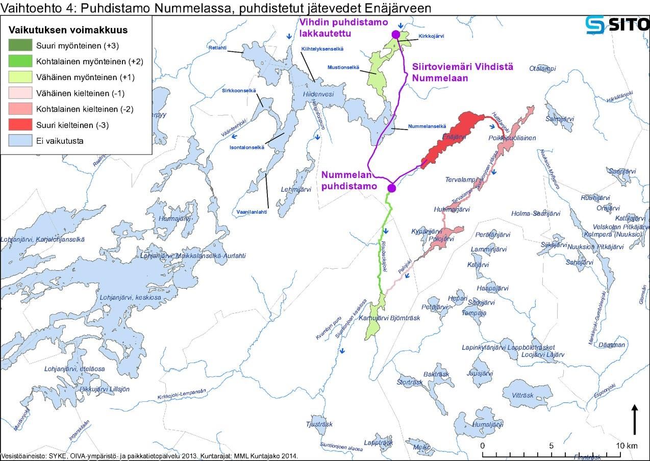 Kuva 8-4. Esimerkki vaihtoehdon 4 (Puhdistamo Nummelassa, jätevedet Enäjärveen) vesistövaikutusten havainnollistamisesta kartan avulla Siuntionjoen ja Karjaanjoen vesistöalueilla (Sito 2014).