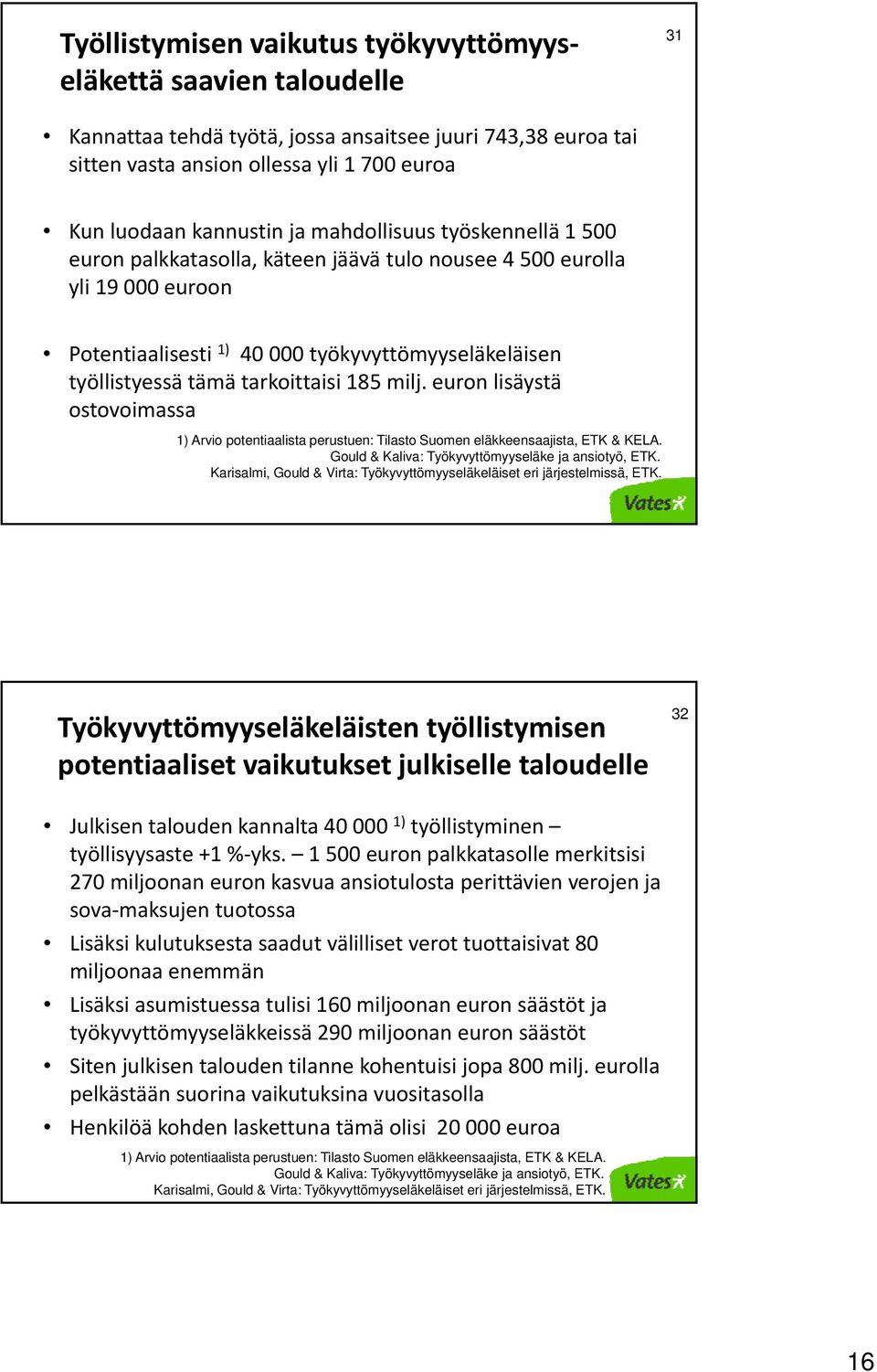 milj. euron lisäystä ostovoimassa 1) Arvio potentiaalista perustuen: Tilasto Suomen eläkkeensaajista, ETK & KELA. Gould & Kaliva: Työkyvyttömyyseläke ja ansiotyö, ETK.