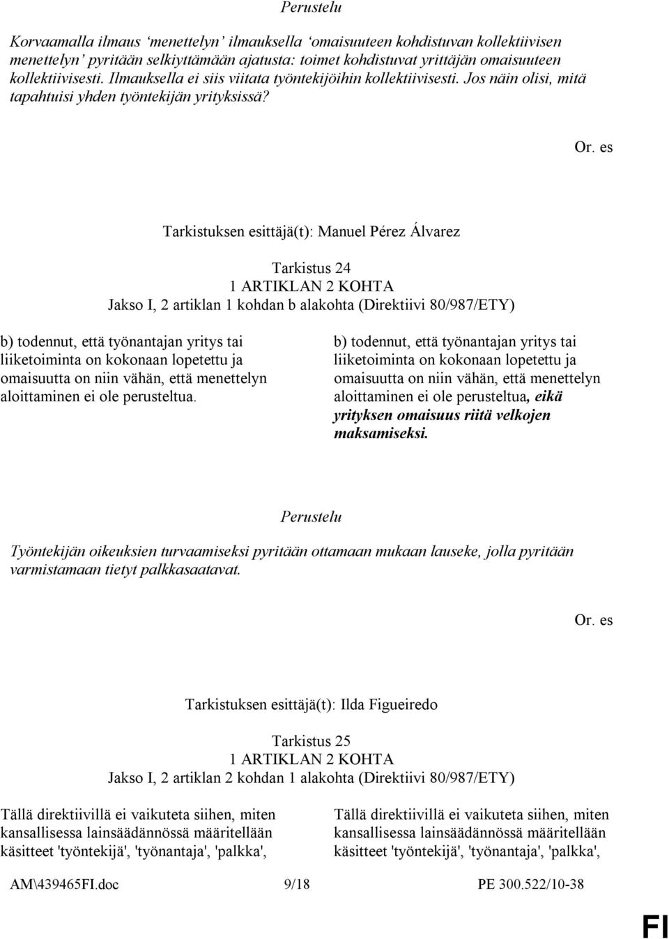 es Tarkistuksen esittäjä(t): Manuel Pérez Álvarez Tarkistus 24 Jakso I, 2 artiklan 1 kohdan b alakohta (Direktiivi 80/987/ETY) b) todennut, että työnantajan yritys tai liiketoiminta on kokonaan