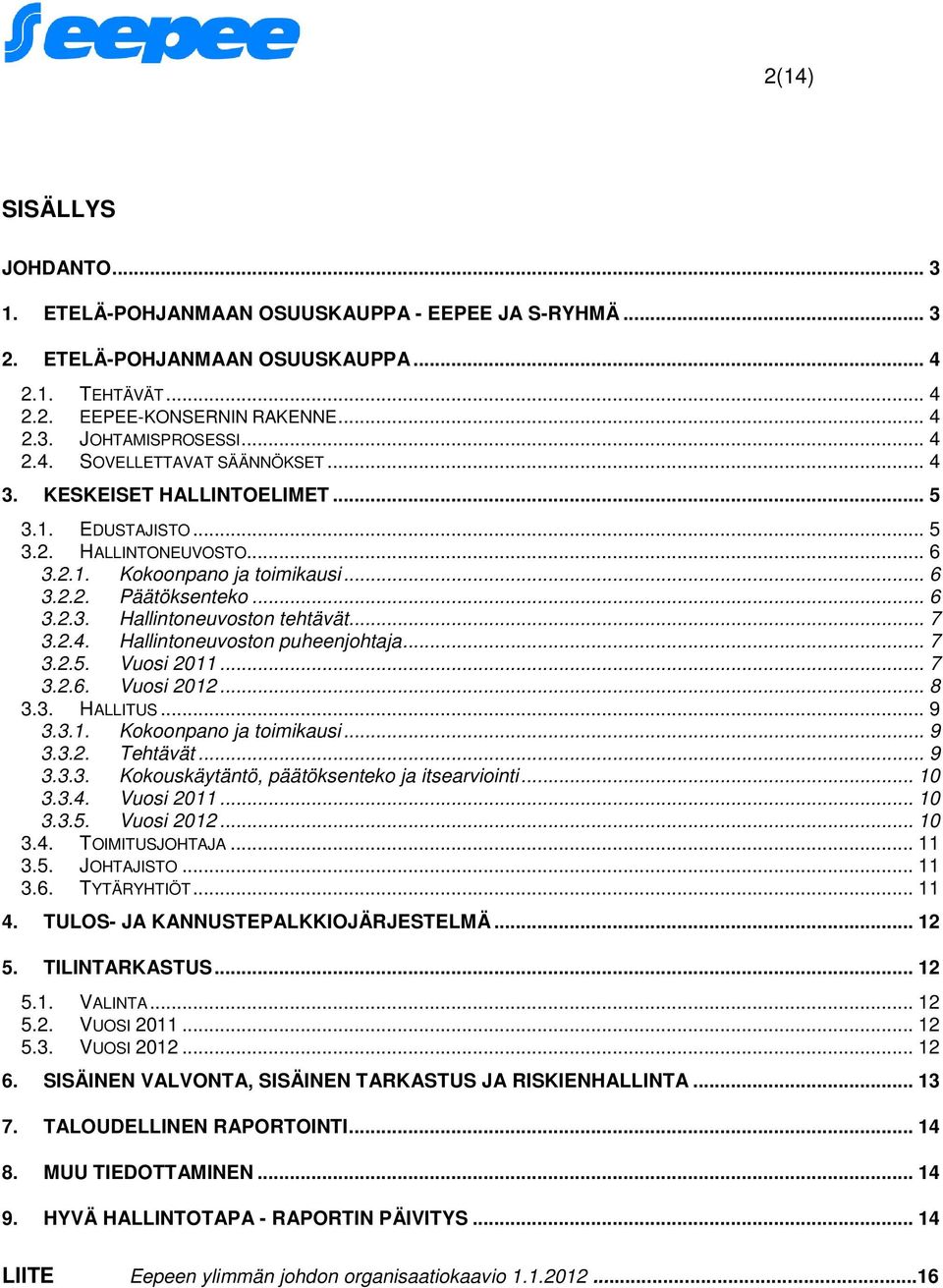 .. 7 3.2.4. Hallintoneuvoston puheenjohtaja... 7 3.2.5. Vuosi 2011... 7 3.2.6. Vuosi 2012... 8 3.3. HALLITUS... 9 3.3.1. Kokoonpano ja toimikausi... 9 3.3.2. Tehtävät... 9 3.3.3. Kokouskäytäntö, päätöksenteko ja itsearviointi.