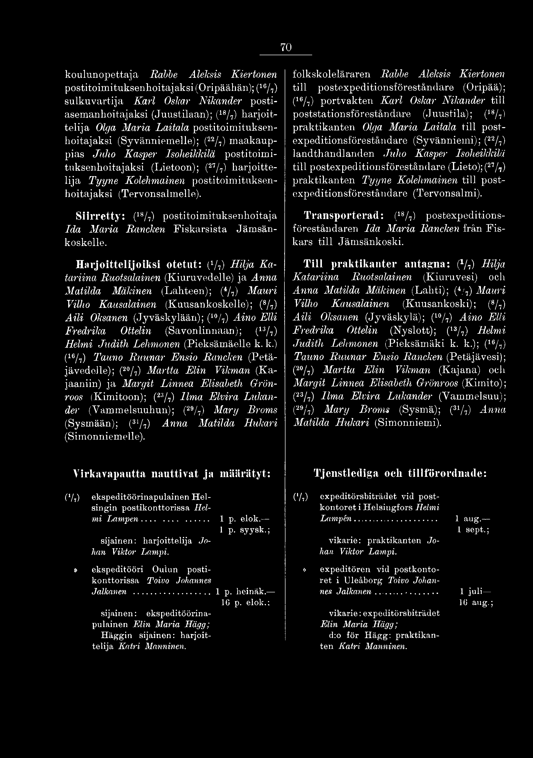 70 koulun opettaja Rabbe Aleksis Kiertotien postitoimituksenhoitajaksi(oripäähän); (16/7) sulkuvartija Karl Oskar Nikander postiasemanhoitajaksi (Juustilaan); (18/7) harjoittelija Olga Maria Laitala