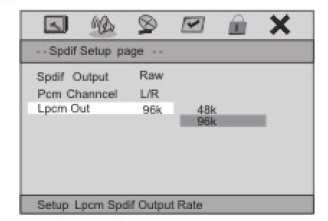 ASETUKSET-valikko Ääniasetukset Spdif-asetukset: Downmix Säädä soittimen analogista stereoääntä. 1. Korosta kohta "Spdif Setup" näppäimillä. 2. Avaa alivalikko näppäimellä "Enter" tai " ". 1. Korosta kohta "Speaker Setup" näppäimillä.