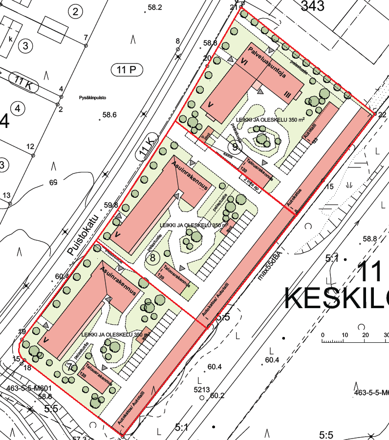 Tie ja raideliikennemeluselvitys L42 Saajos, asemakaavan muutos, Lohja Kohteen suunnitellun maankäytön havainnekuva on esitetty kuvassa 2. Kuva 2. Kohteen suunnitellun maankäytön havainnekuva. Kuvaan on merkitty punaisella viimeisimmän suunnitelman mukainen tonttijaotus.