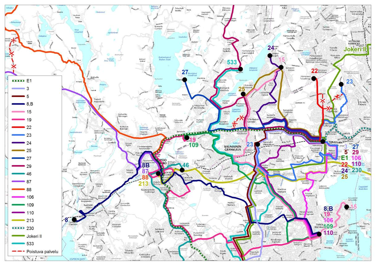 7 3.2 Espoo ja Kauniainen Kaupunkiradan ulottuessa Leppävaaran länsipuolelle voidaan Espoon ja Kauniaisten alueella siirtyä nykyistä liityntäpainotteisempaan joukkoliikennejärjestelmään.