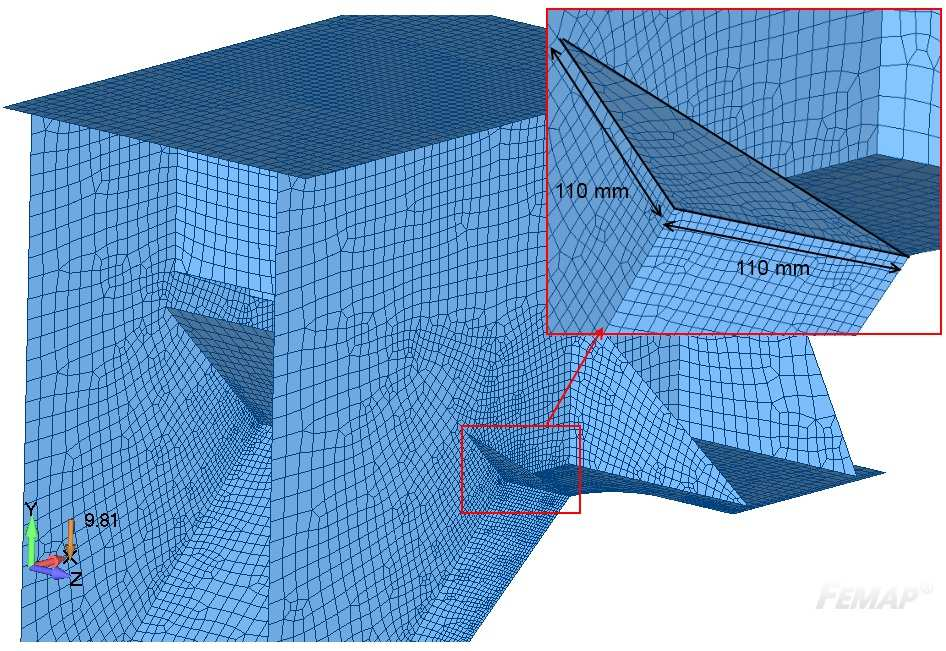22 Kuva 10. J2-päätyyn mallinnetun jäykistelevyn geometria ja elementtiverkko. 5.5 Levennetty alalaippa Alalaipan leveyttä kasvatetaan 100 millimetristä 200 milliin.