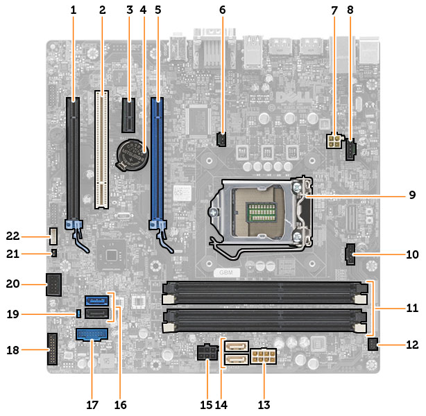 Emolevyn komponentit Kuva 1. Emolevyn komponentit 1. PCI Express x16 -korttipaikka (kytkentä x4) 2. PCI-paikka 3. PCIe x1 -korttipaikka 4. nappiparisto 5. PCI Express x16 -korttipaikka 6.