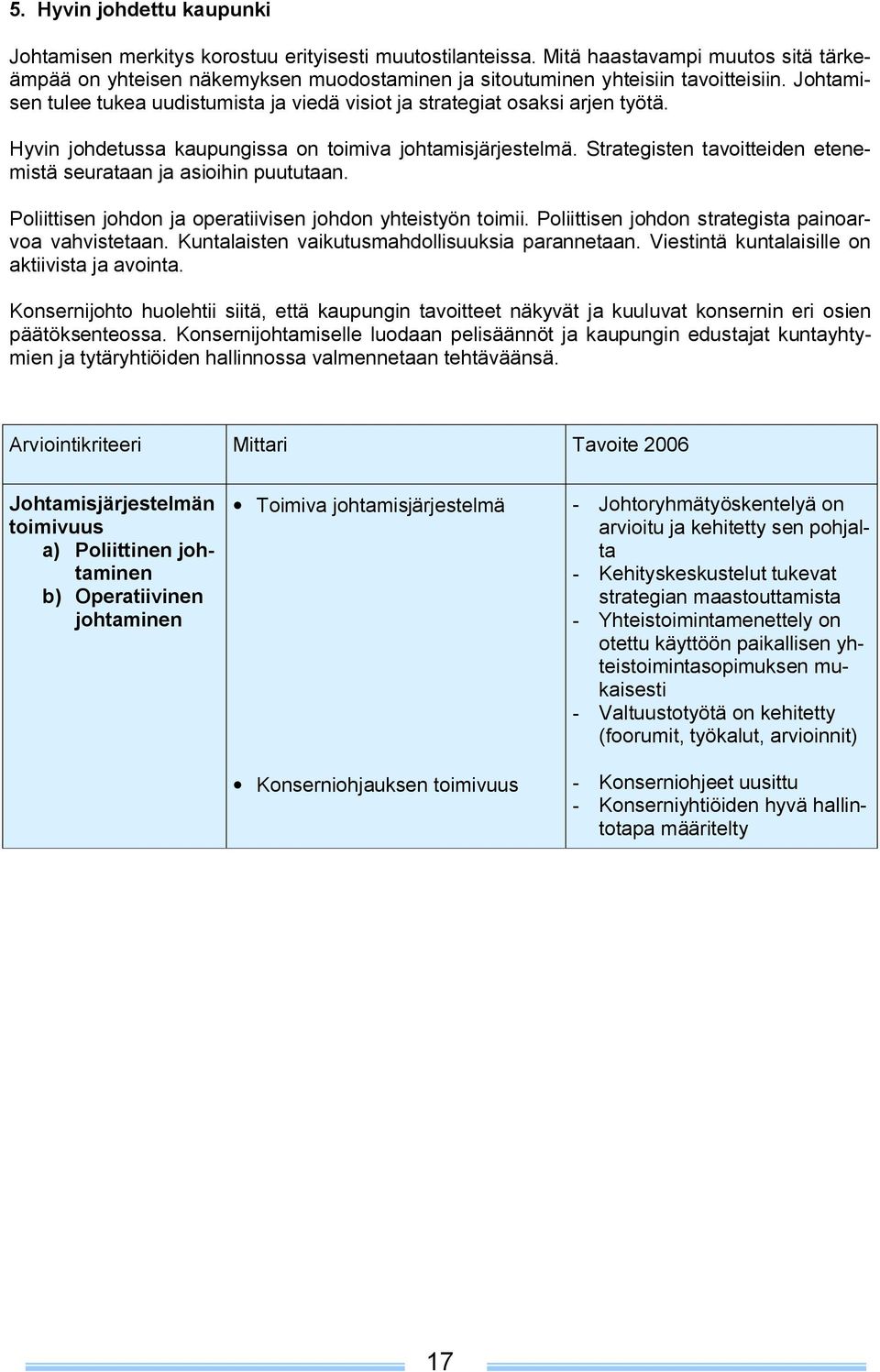 Johtamisen tulee tukea uudistumista ja viedä visiot ja strategiat osaksi arjen työtä. Hyvin johdetussa kaupungissa on toimiva johtamisjärjestelmä.