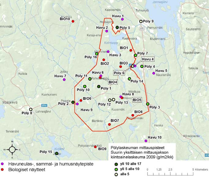 Kuva 7-7. Pölylaskeuman (Pöly 1-16) ja bioindikaattoritutkimuksen (Havu 1-10 ja Bio 1-10) havaintopisteet kaivosalueella ja sen ympäristössä (Muokattu: Pöyry Finland Oy, 23.