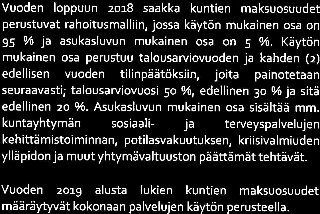 Vuoden loppuun 2018 saakka kuntien maksuosuudet perustuvat rahoitusmafliin, jossa käytön mukainen osa 95 % ja asukasluvun mukainen osa on 5 %.