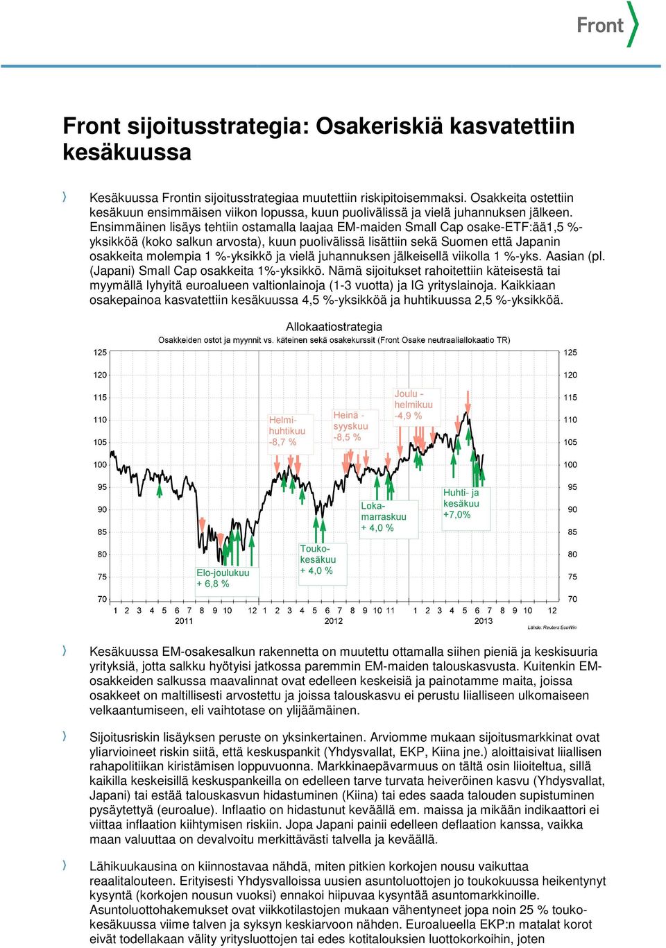 Ensimmäinen lisäys tehtiin ostamalla laajaa EM-maiden Small Cap osake-etf:ää1,5 %- yksikköä (koko salkun arvosta), kuun puolivälissä lisättiin sekä Suomen että Japanin osakkeita molempia 1 %-yksikkö