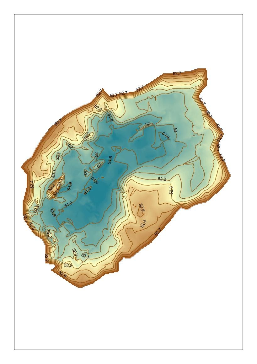 Kuva 8. Imponojan lasketusaltaan yläosan syvyyskartta kunnostusruoppauksen jälkeen 215 (kuva Ilkka Myllyoja, V-S ELY-keskus). Myös Imponojan kohteesta tehtiin sedimenttitutkimukset ennen kunnostusta.