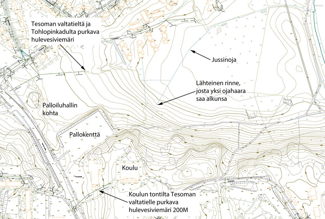 Louraportti 6..204 6 (7) Kuva 5. Hulevesien purkureitit nykytilanteessa 3.2 Maankäytön muutokset 3.2. Yhtenäiskoulu ja palloiluhalli Suunnittelussa käytetty versio tulevasta maankäytöstä perustuu alueen alustavaan asemakaavaehdotukseen (suunnittelutilanne 29.