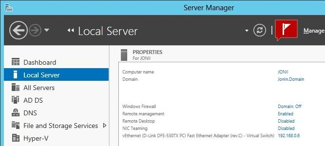 31 KUVA 17. Local Server valittuna Testiympäristöä varten luodaan toimialue. Aluksi palvelimelle asennetaan Active Directory Domain Service (ADDS) -rooli.