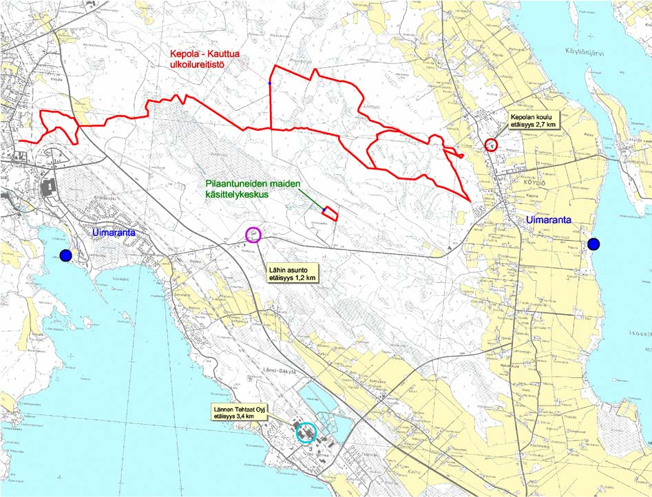 45 Kepolan koulu Hallavaaran jätekeskus Teollisuuskiinteistöjä Uimaranta Uimaranta Lähin asunto, etäisyys 1,5km Lähellä (2km) sijaitseva asunto Lännen Tehtaat Oyj Sucros Oy Kuva 8.
