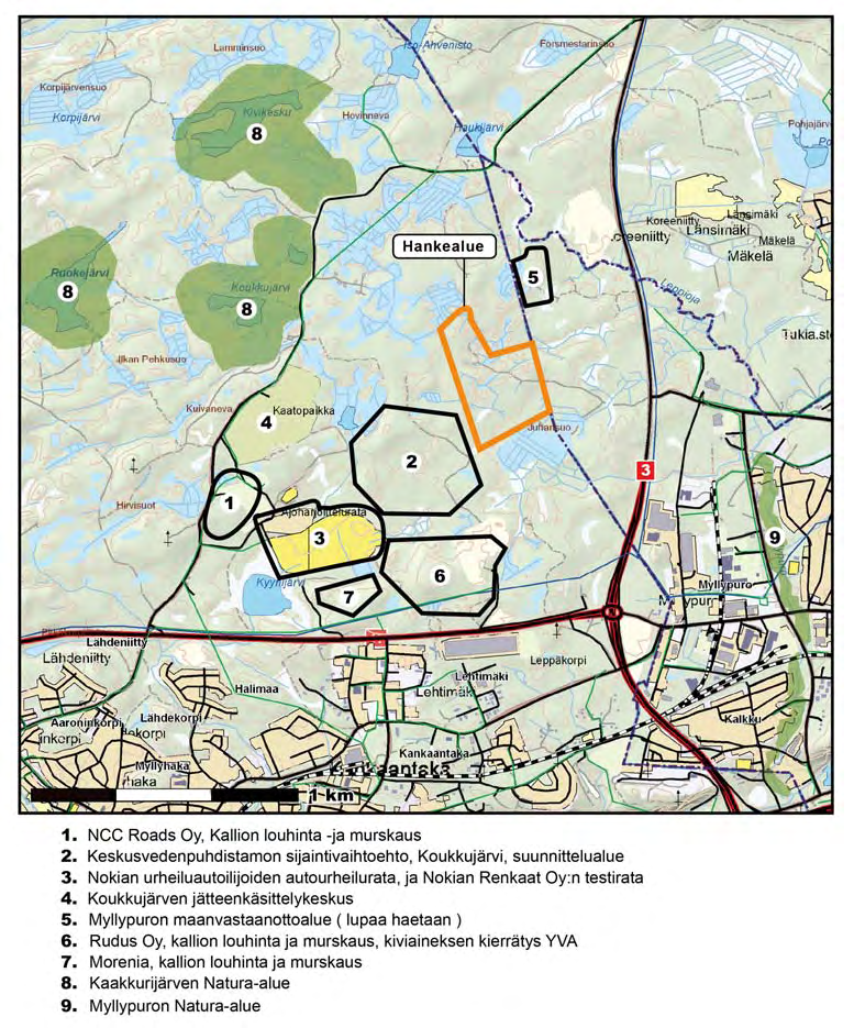 Kuva 4.2. Hankealueen ympäristön maankäyttöä ja kohteita. 4.2 Maa- ja kallioperä Hankealue kuuluu laajan kallioselännealueen itäiseen osaan.