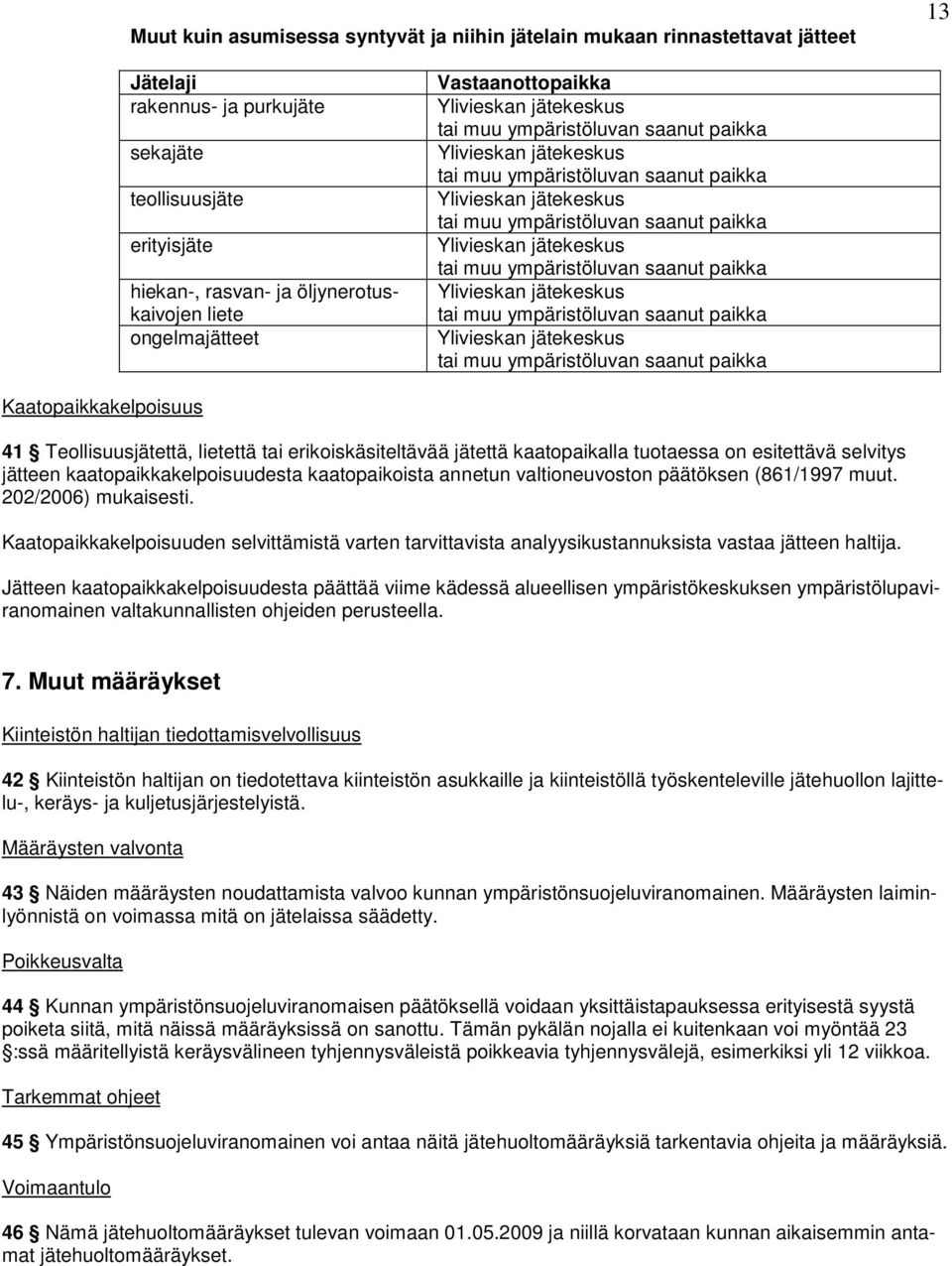 ympäristöluvan saanut paikka tai muu ympäristöluvan saanut paikka Kaatopaikkakelpoisuus 41 Teollisuusjätettä, lietettä tai erikoiskäsiteltävää jätettä kaatopaikalla tuotaessa on esitettävä selvitys