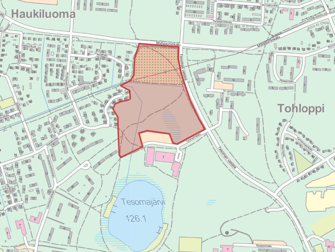 6 asuinhuoneistot Kuva 2 Tesoman taimiston ja Tuomarinkadun asemakaava-alueen 8539 rajaus ( MML 06/2015) Asemakaava-alueelle on suunniteltu uusi asuinalue, jossa on kaksi erillistä korttelialuetta ja