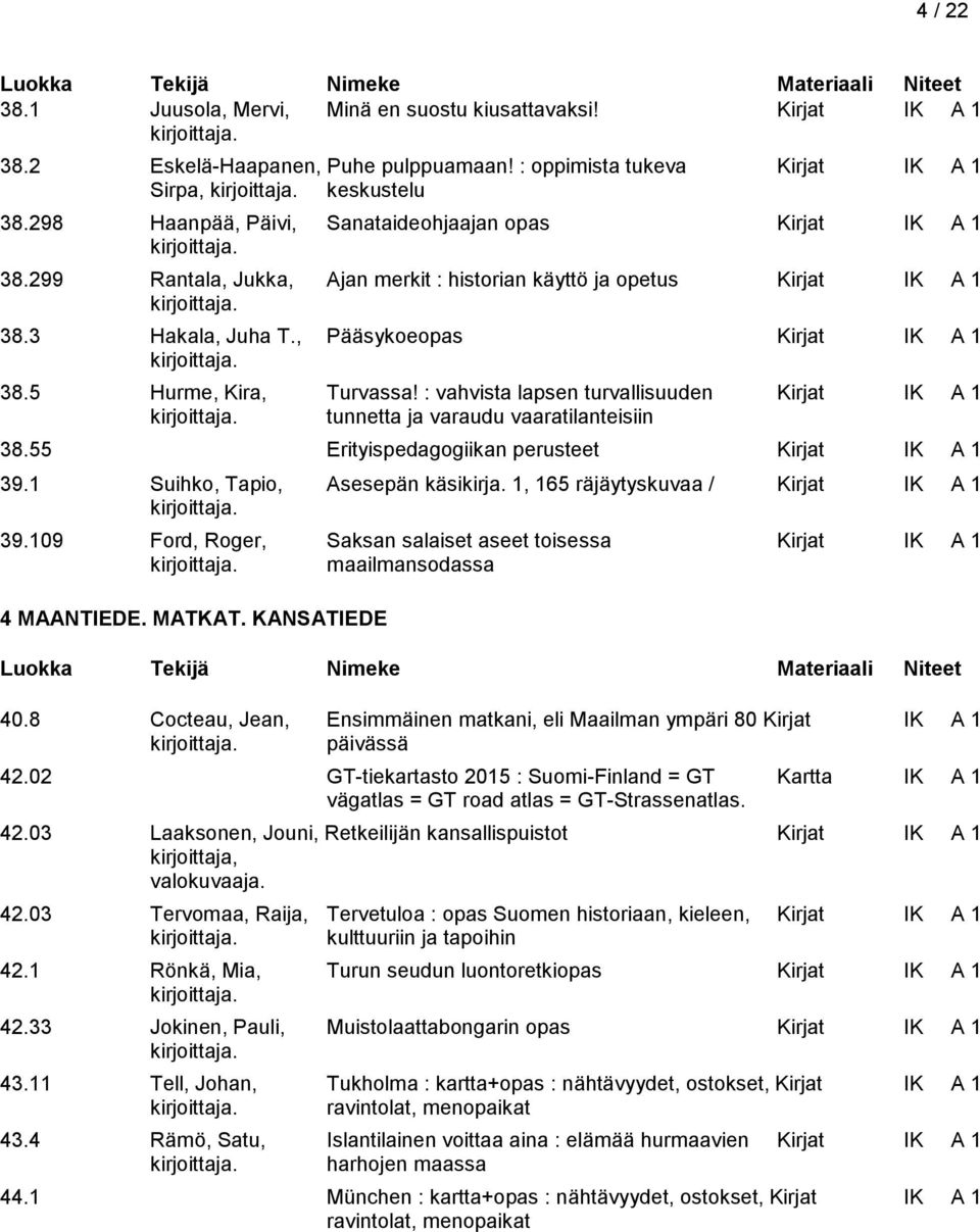 5 Hurme, Kira, Turvassa! : vahvista lapsen turvallisuuden Kirjat IK A 1 tunnetta ja varaudu vaaratilanteisiin 38.55 Erityispedagogiikan perusteet Kirjat IK A 1 39.1 Suihko, Tapio, Asesepän käsikirja.