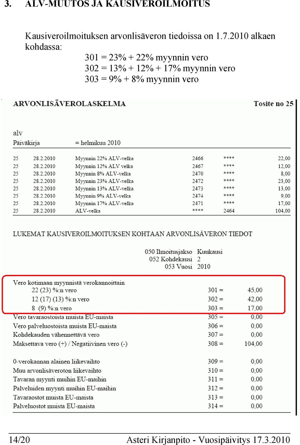 2010 alkaen kohdassa: 301 = 23% + 22% myynnin vero 302 = 13% +