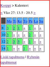 Julkinen Sovellussuunnitelma 0.1 Kuovi-projekti Kuva 5.13: Ryhmäkalenteri. 5.7 Tenttisi (N6) Tenttisi-näkymässä (kuva 5.14) on listattu opiskelijan tulevat tentit aikajärjestyksessä.