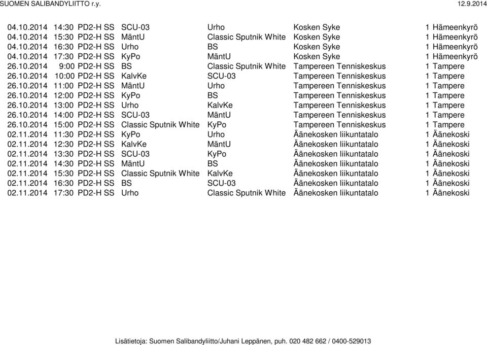 10.2014 12:00 PD2-H SS BS Tampereen Tenniskeskus 1 Tampere 26.10.2014 13:00 PD2-H SS KalvKe Tampereen Tenniskeskus 1 Tampere 26.10.2014 14:00 PD2-H SS SCU-03 MäntU Tampereen Tenniskeskus 1 Tampere 26.