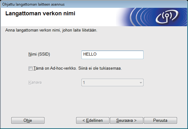 Lngttomn verkon käyttäjille e Vlitse Kyllä, minull on USB-kpeli, jot voin käyttää sennuksess. j npsut sitten Seurv. g Kun seurv näyttö tulee esiin, vlitse Kyllä, jos hlut yhdistää minittuun SSID:hen.