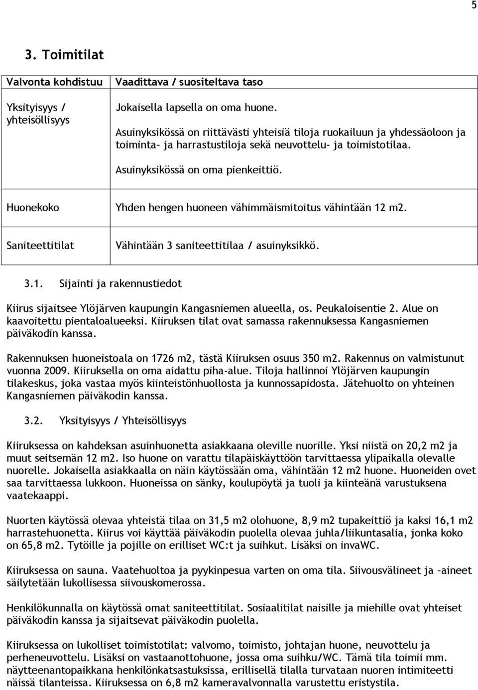 Huonekoko Yhden hengen huoneen vähimmäismitoitus vähintään 12 m2. Saniteettitilat Vähintään 3 saniteettitilaa / asuinyksikkö. 3.1. Sijainti ja rakennustiedot Kiirus sijaitsee Ylöjärven kaupungin Kangasniemen alueella, os.