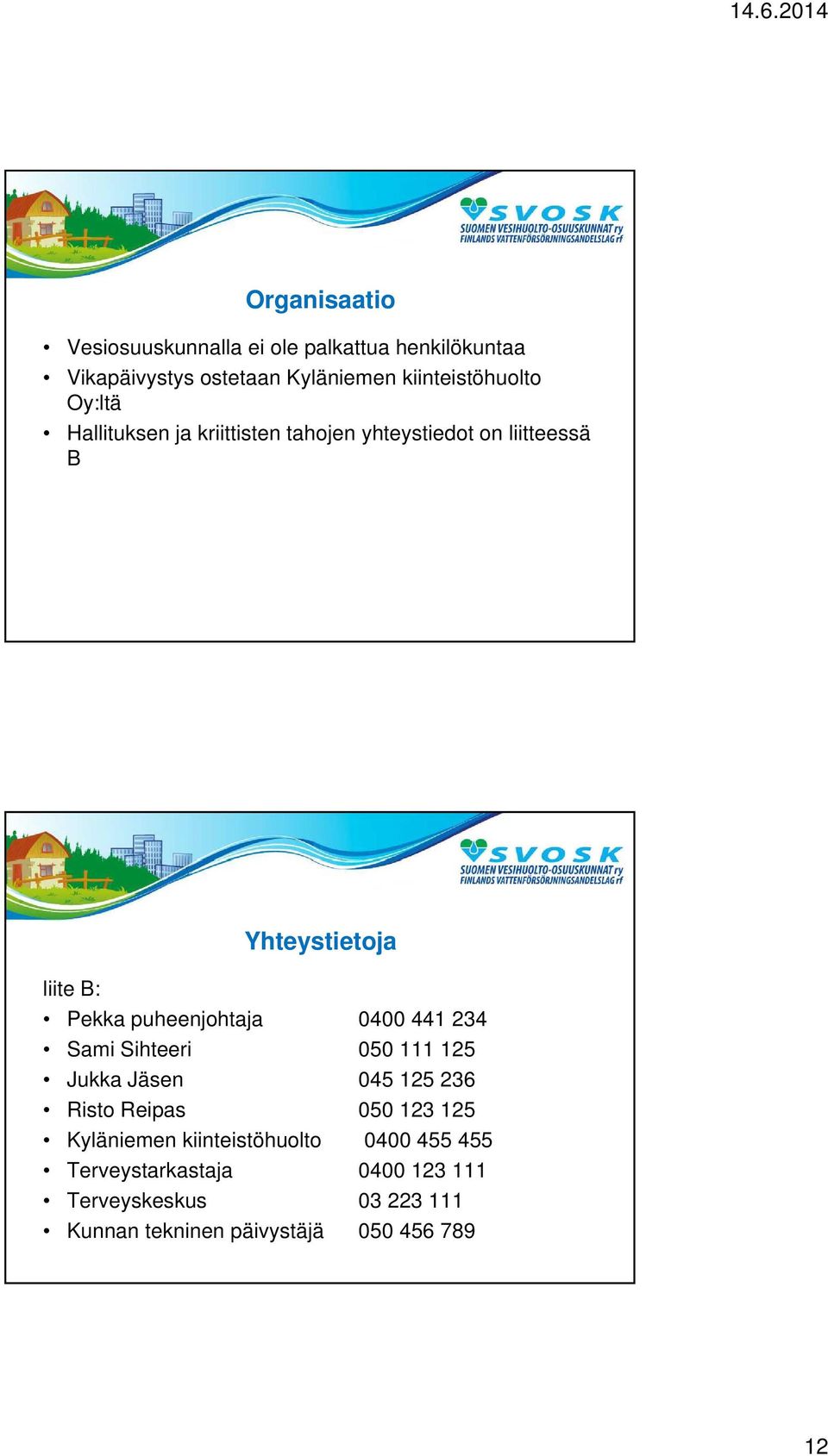 0400 441 234 Sami Sihteeri 050 111 125 Jukka Jäsen 045 125 236 Risto Reipas 050 123 125 Kyläniemen