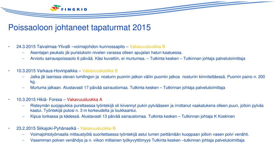 2015 Varkaus-Hovinpaikka Vakavuusluokka B Jalka jäi laanissa olevan lumilingon ja nosturin puomin jatkon väliin puomin jatkoa nosturiin kiinnitettäessä. Puomin paino n. 200 kg. Murtuma jalkaan.