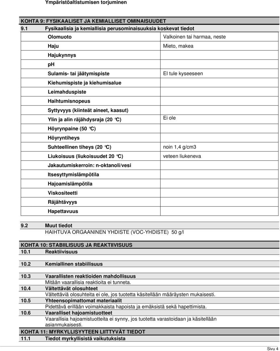 Haihtumisnopeus Syttyvyys (kiinteät aineet, kaasut) Ylin ja alin räjähdysraja (20 C) Höyrynpaine (50 C) Höyryntiheys Suhteellinen tiheys (20 C) Liukoisuus (liukoisuudet 20 C) Jakautumiskerroin: