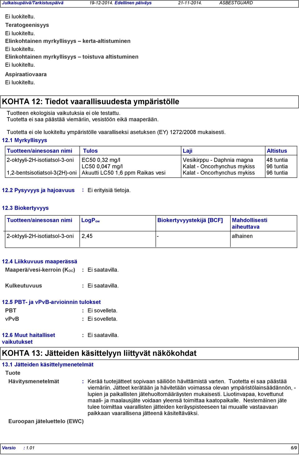 vaikutuksia ei ole testattu. Tuotetta ei saa päästää viemäriin, vesistöön eikä maaperään. Tuotetta ei ole luokiteltu ympäristölle vaaralliseksi asetuksen (EY) 127