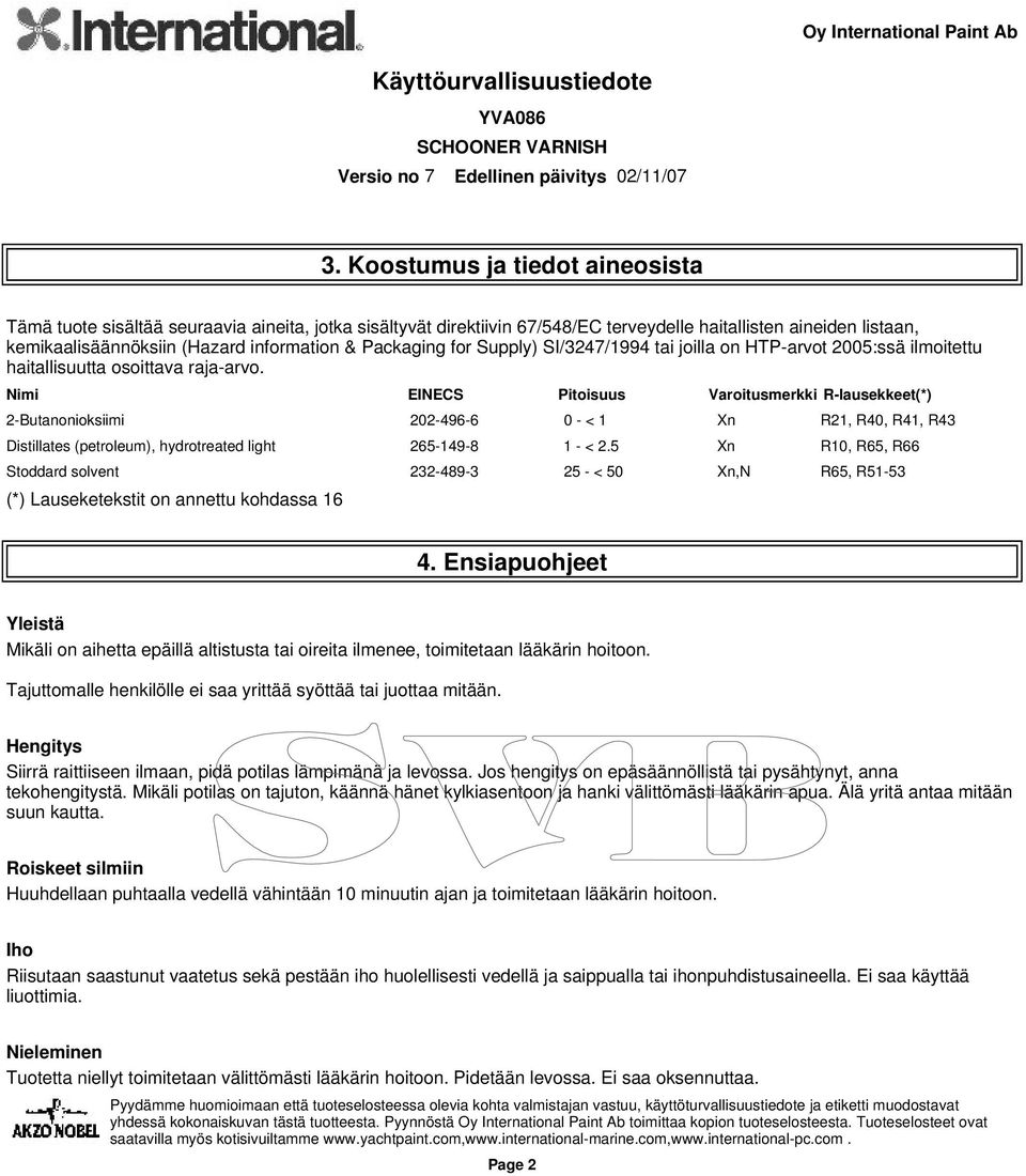Nimi EINECS Pitoisuus Varoitusmerkki R-lausekkeet(*) 2-Butanonioksiimi 202-496-6 0 - < 1 Xn R21, R40, R41, R43 Distillates (petroleum), hydrotreated light 265-149-8 1 - < 2.