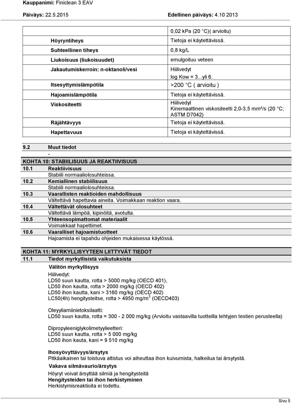 2 Muut tiedot KOHTA 10: STABIILISUUS JA REAKTIIVISUUS 10.1 Reaktiivisuus Stabiili normaaliolosuhteissa. 10.2 Kemiallinen stabiilisuus Stabiili normaaliolosuhteissa. 10.3 Vaarallisten reaktioiden mahdollisuus Vältettävä hapettavia aineita.