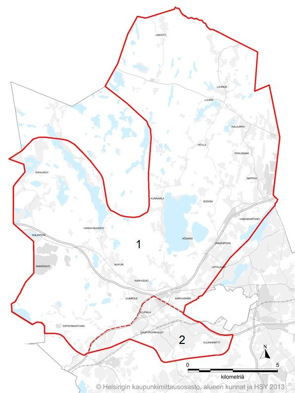 Pohjois- ja Keski-Espoon yleiskaava-alueen tarkastelun jako 1.