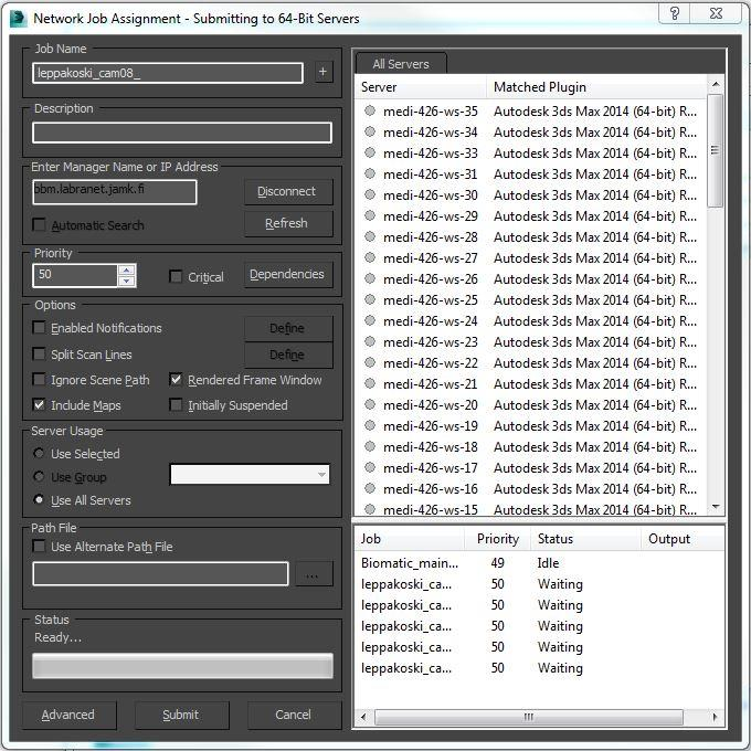 51 Kuvio 23. Renderöintiasetuksia 3ds Maxissa ja Backburnerissa Tässä tapauksessa valittiin renderfarm-verkkokansio, jonne Backburner Server osaa tallentaa renderöidyt kuvatiedostot.