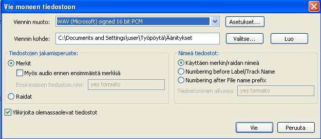 Ohjelmaan avautuu Vie moneen tiedostoon -ikkuna. Jos poltat kappaleista audiolevyn, valitse viennin muodoksi WAV (Microsoft) signed 16 bit PCM. Jos puolestaan siirrät tiedostot esim.