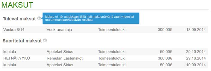 Maksut Maksut -näytöllä on eroteltu eri kenttiin Tulevat maksut (maksupäivä tulevaisuudessa) sekä Suoritetut maksut (maksu on käsitelty