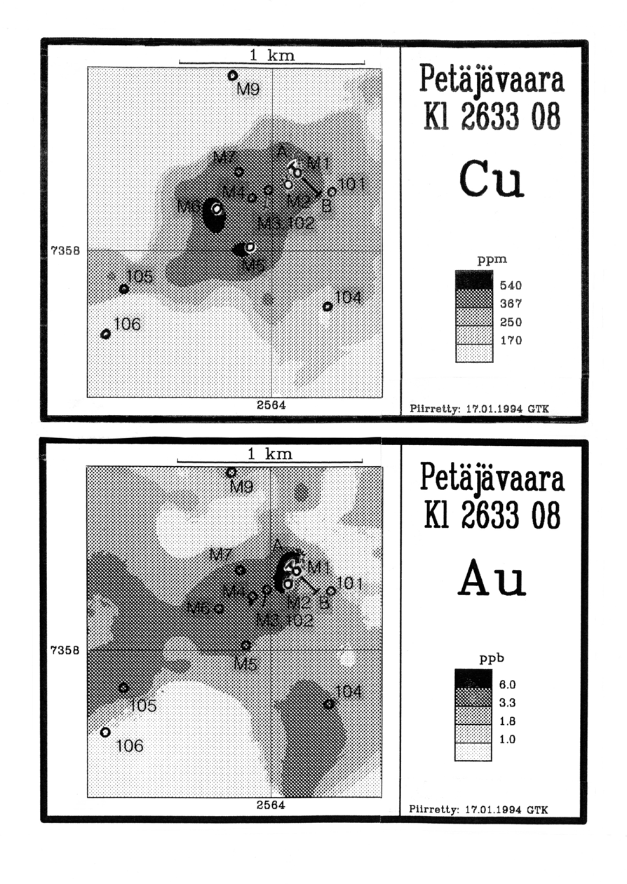 12 Kuva 4. Kuparin ja kullan jakautuminen moreenin hienoaineksessa (<0.06 mm) Petäjävaaran kohdealueella.