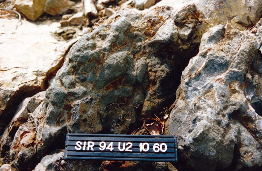 34 Kuva 19. Tutkimusojassa SIR-94-U2 paljastuneen emäksisen vulkaniitin tyynylaavarakennetta. Kuva on otettu tutkimusojan itäpuolelta kohdasta 10.