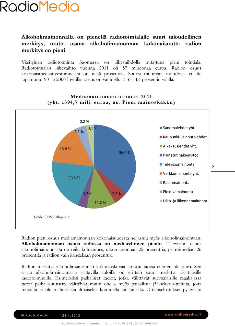 Suurta muutosta osuudessa ei ole tapahtunut 90- ja 2000-luvuilla: osuus on vaihdellut 3,3 ja 4,4 prosentin välillä. Mediamainonnan osuudet 2011 (yht. 1394,7 milj. euroa, ns.
