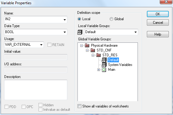 PROFINET STARTER KITIN KÄYTTÖÖNOTTO JA KONFIGUROINTI LIITE 1/20 Kohdasta Definition Scope aktivoi valintaikkuna Global Valitse Global Variable Groups -ikkunasta System Variables Valitse kohdasta